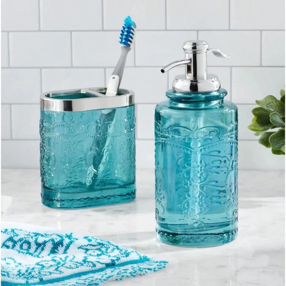 Teal Patterned Glass Bathroom Accessory Set