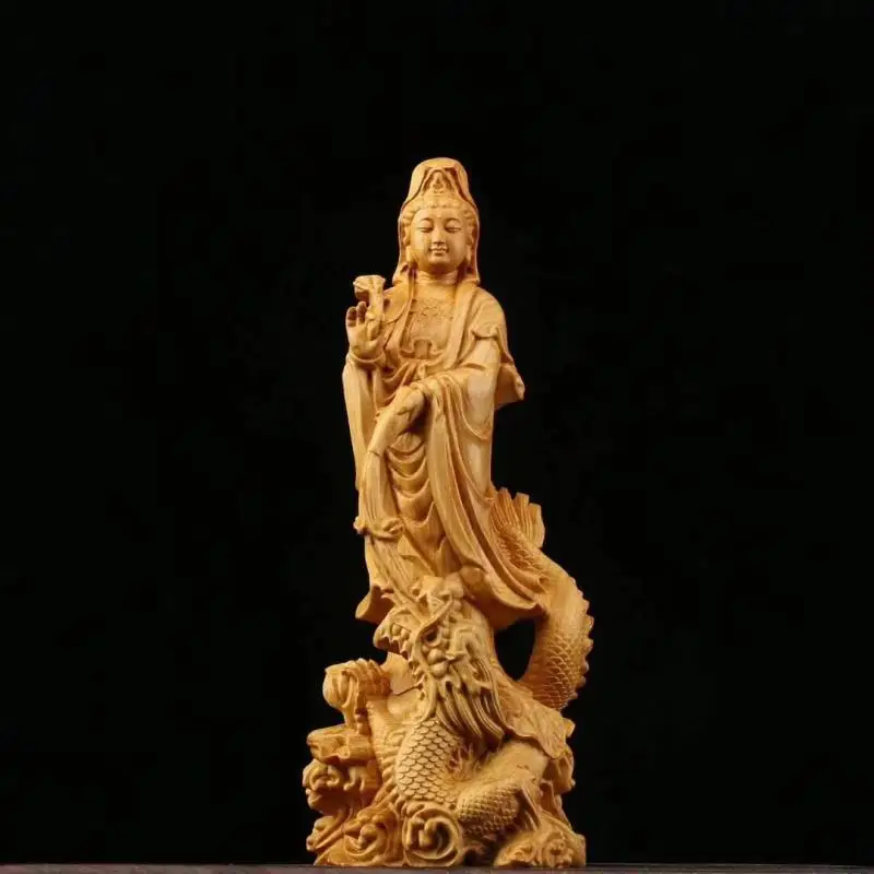 

Solid wood carving Long Guanyin Buddha ornaments，Traditional hand-carved Buddha statue，Home Living Room Feng Shui Statue