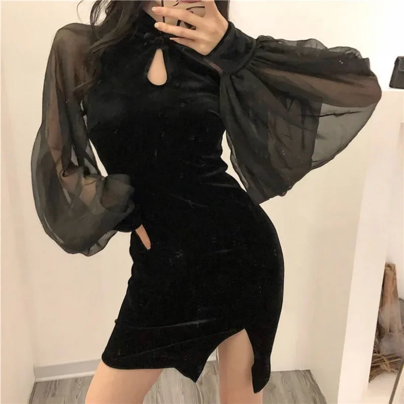 

Women Cheongsam Dress Velvet Side Split Lantern Sleeve Slim Vestidos Korean Summer Sexy Mesh Evening Dresses Y2k Mini Dress