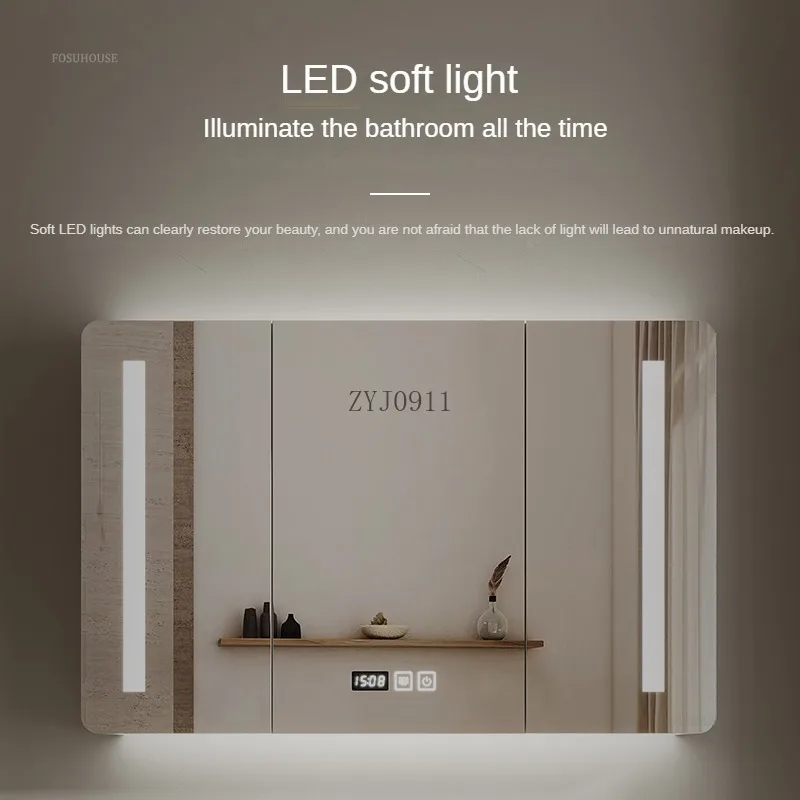 Rounded Corner Smart Bathroom Mirror Cabinet with Light and Defogging Bathroom Make Up Cabinet Home Furniture Storage Rack