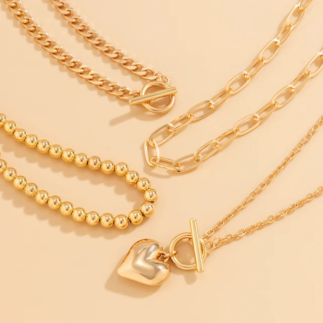 4Pcs/Set Punk Gold Color Heart Pendant Necklace 6