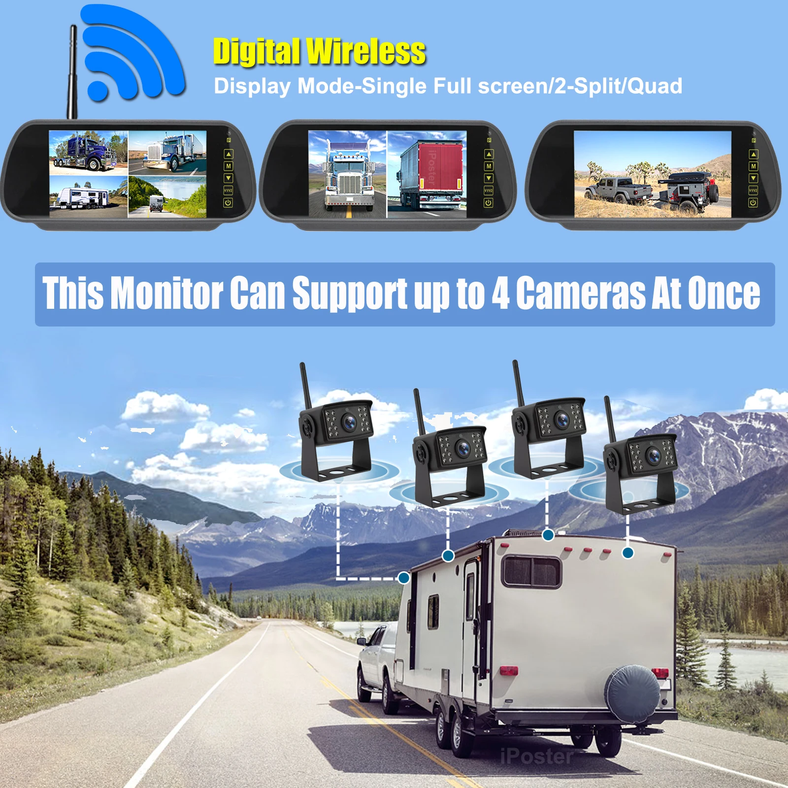 IPoster الرقمية اللاسلكية 7 بوصة شاشة مقسمة DVR مراقب AI المركبات البشرية كشف BSD كاميرات احتياطية لمقطورة Rvs تخييم