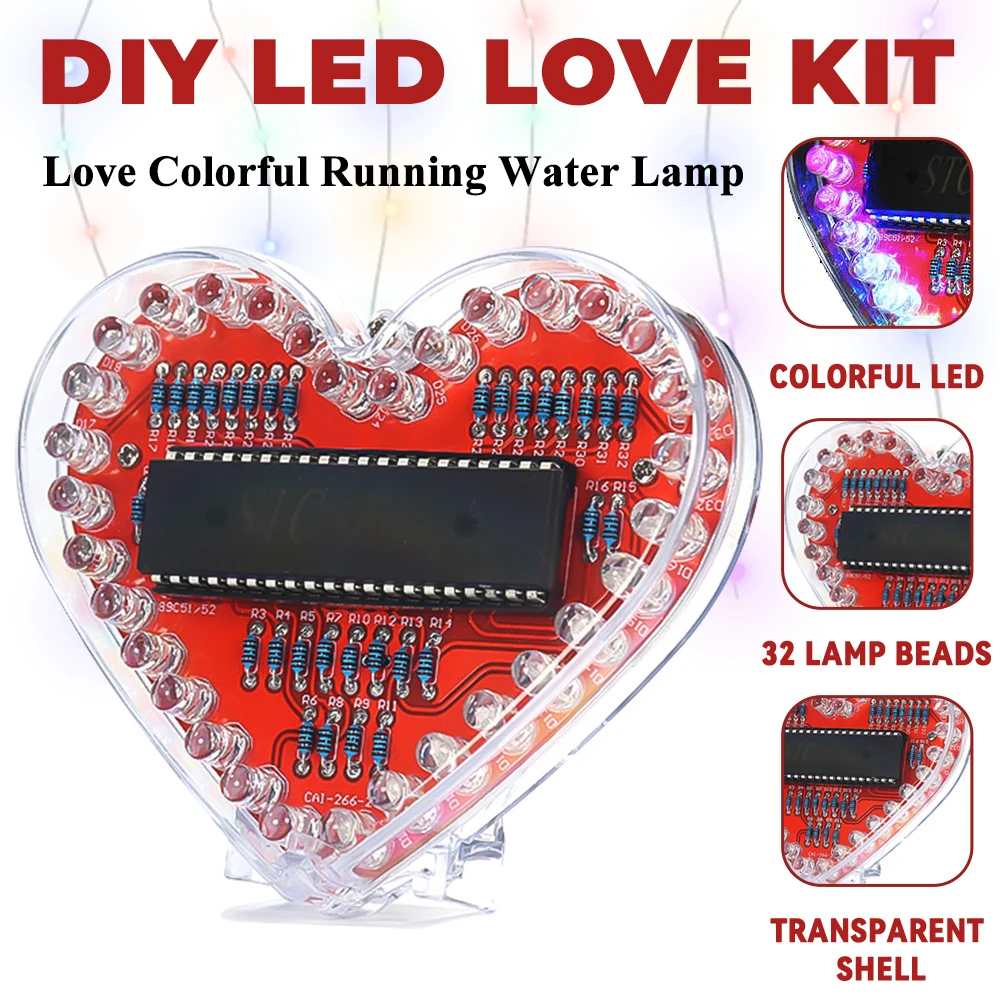 LED Kalp Şeklinde Akış Işığı DIY Elektronik Kiti ile 32 Renkli LED Işık DIY Lehimleme Uygulama Seti Akülü
