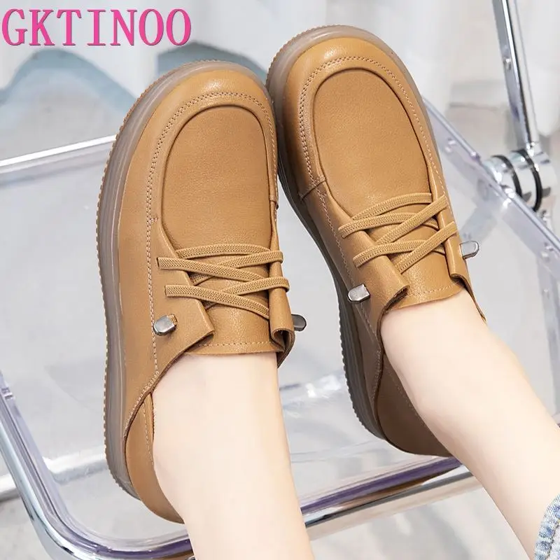 

GKTINOO Loafers Ladies Genuine Leather Large Size 35-43 Spring New Lace-up Shoes Women Fashion Casual Soft Sole Flat Sneakers