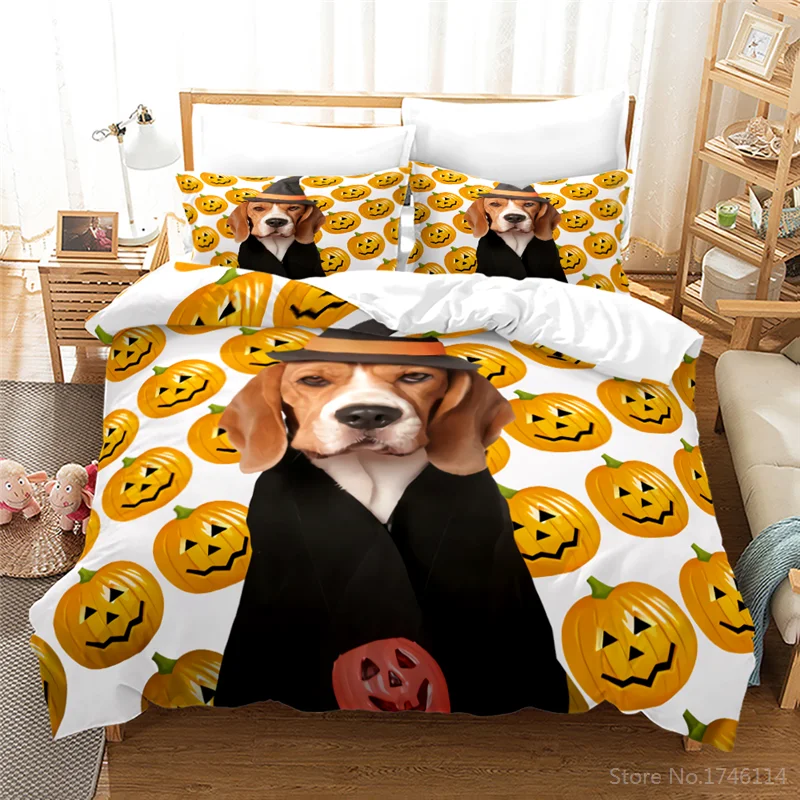 

Cute Halloween Dog Pumpkin Lantern 3D Bedding Set Quilt Cover Pillowcase Duvet Cover Set Home Textile Twin Full Queen King Size
