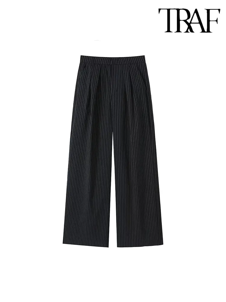 

TRAF 2023 Pants Woman Mid Waist Striped Pants For Women Pleated Summer Wide Leg Pants Streetwear Women Trousers