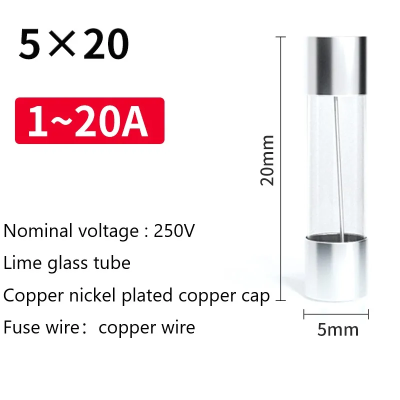 Fusível de vidro do tubo, fusão rápida, 250V, 1A, 2A, 3A, 5A, 6A, 8A, 10A, 15A, 20A