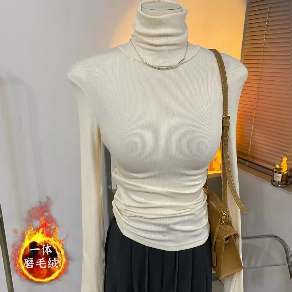 Wholesale Sexy High Strecth Fleeces Top Base Slim T Shirts Women 2023 New Autumn Winter Long Sleeve Turtleneck Solid T Shirt