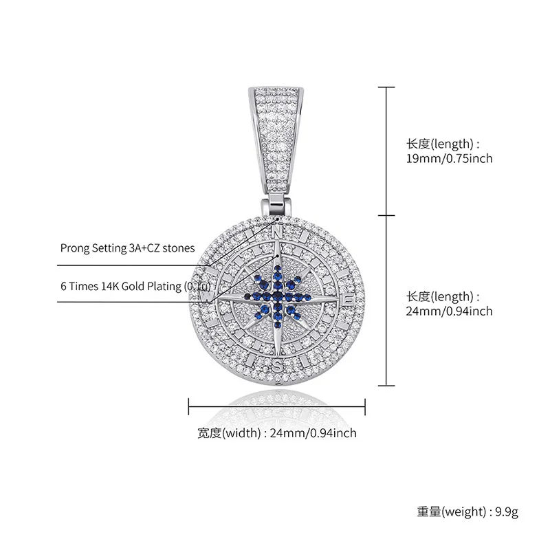 18K White Gold Plated Compass Pendant Iced Out Hip Hop Jewelry Bling 5A Hip Hop Pendant Necklace 6