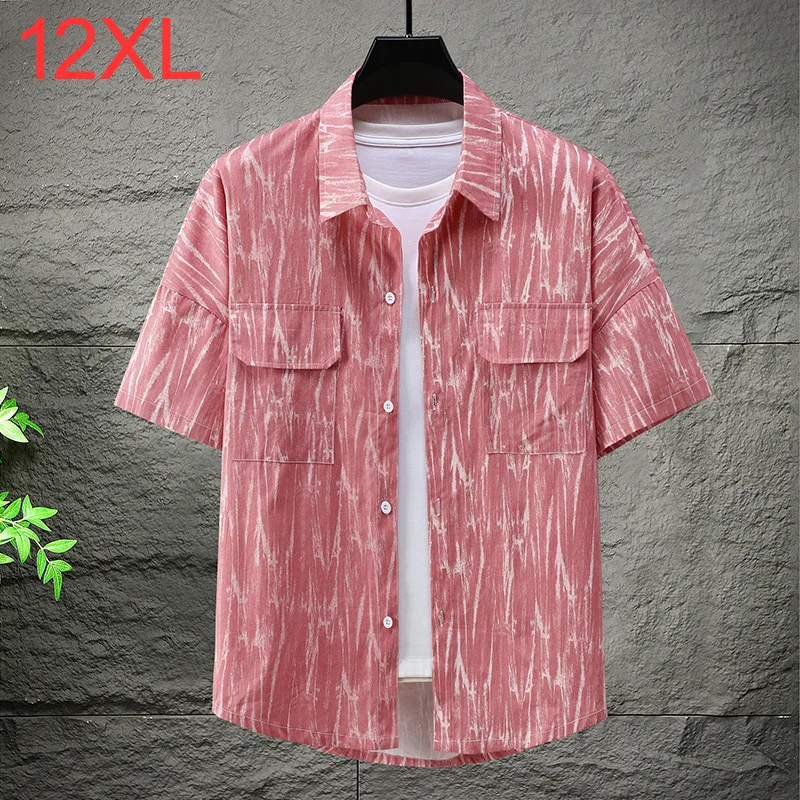 Summer Men's Plus Size Neck Short sleeved Shirt Pure Cotton Trendy Pocket Loose Work Top 160kg 12xl 11XL