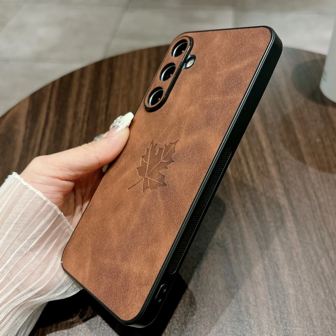 Retro Maple Leaf Pattern PU Leather Phone Case with Silicone Cover