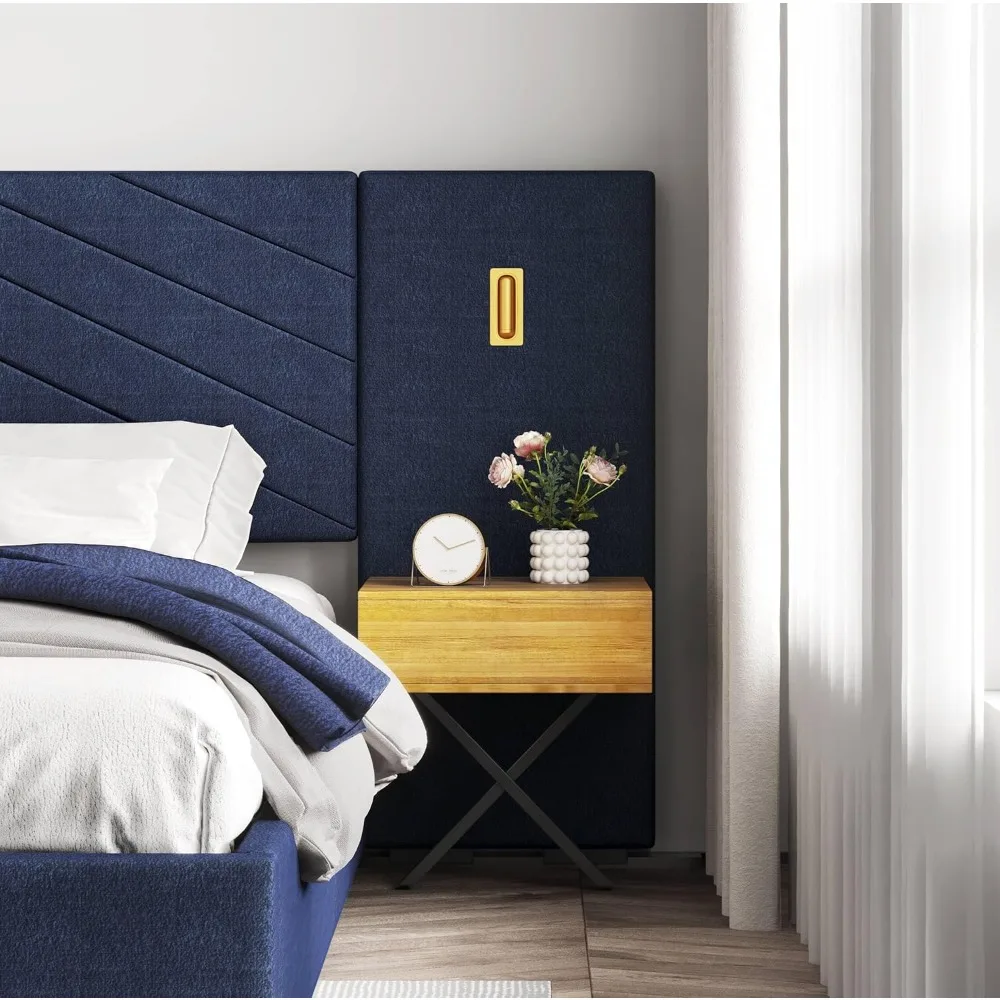 Bed Frame with Built-in Gold LED Lights and Nightstands, King Size Platform Bed with Oversize Upholstered Headboard, No Box