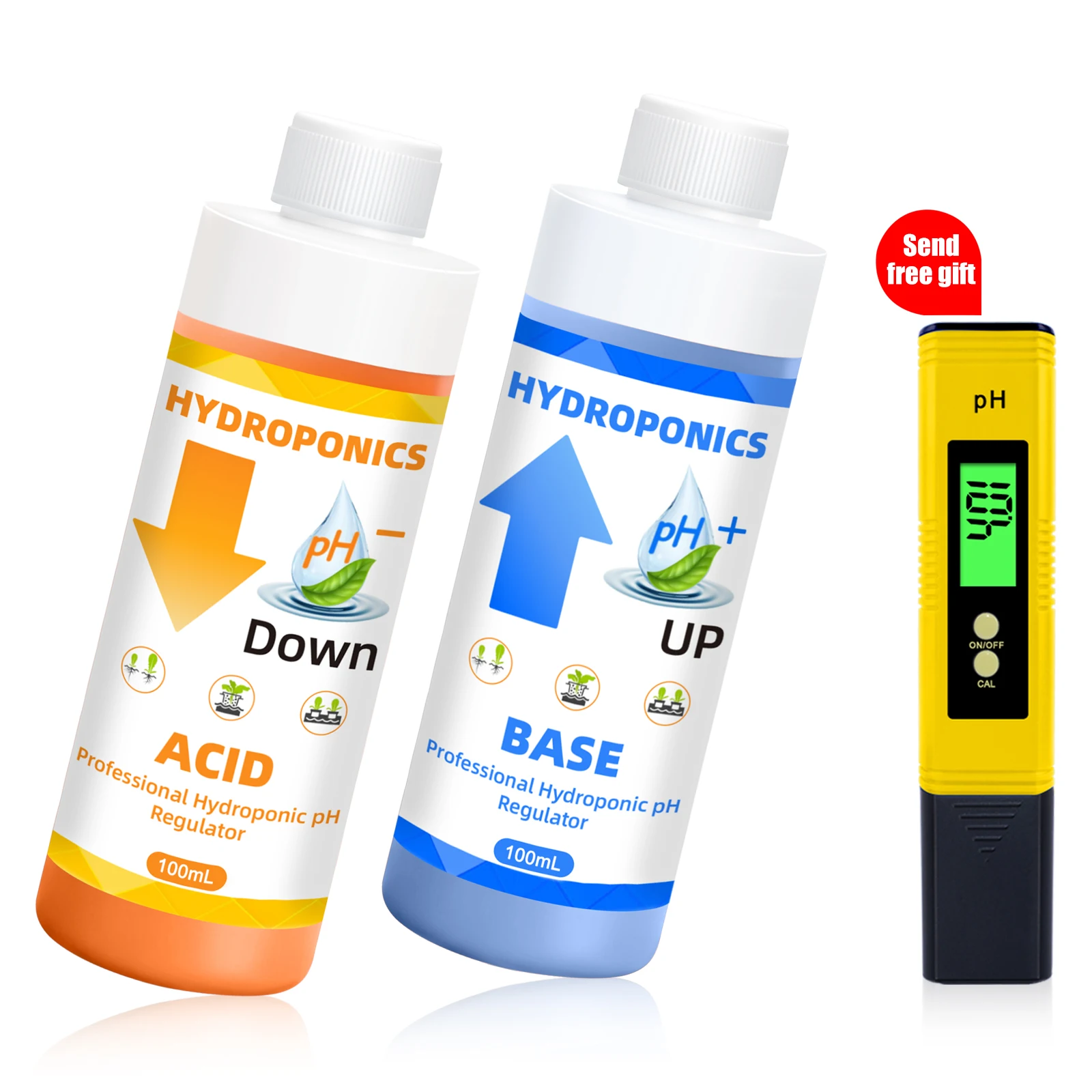ערכת בקרת pH הידרופונית כללית YAGO בנפח 250 מיליליטר/100 מיליליטר עם מד חומציות מתנה, תמיכה למעלה ולמטה של חומציות, מתאימה לצמחים בריאים