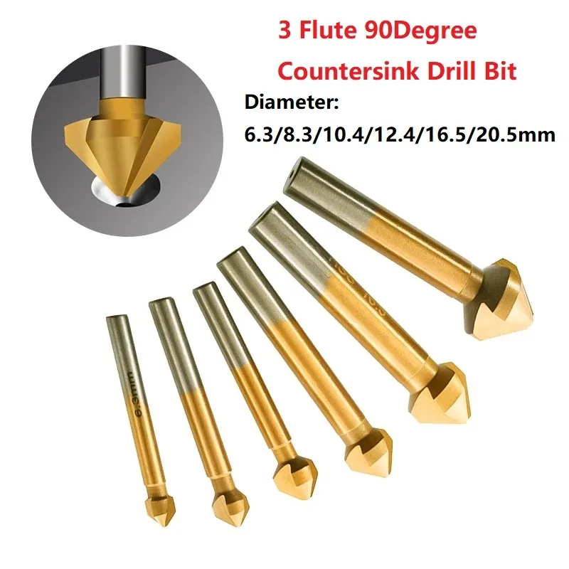 3Flute HSS Countersink Drill Bit 90Degree Countersink Chamfering Tools Drill Bits Chamfer Cutter 6.3/8.3/10.4/12.4/16.5/20.5mm