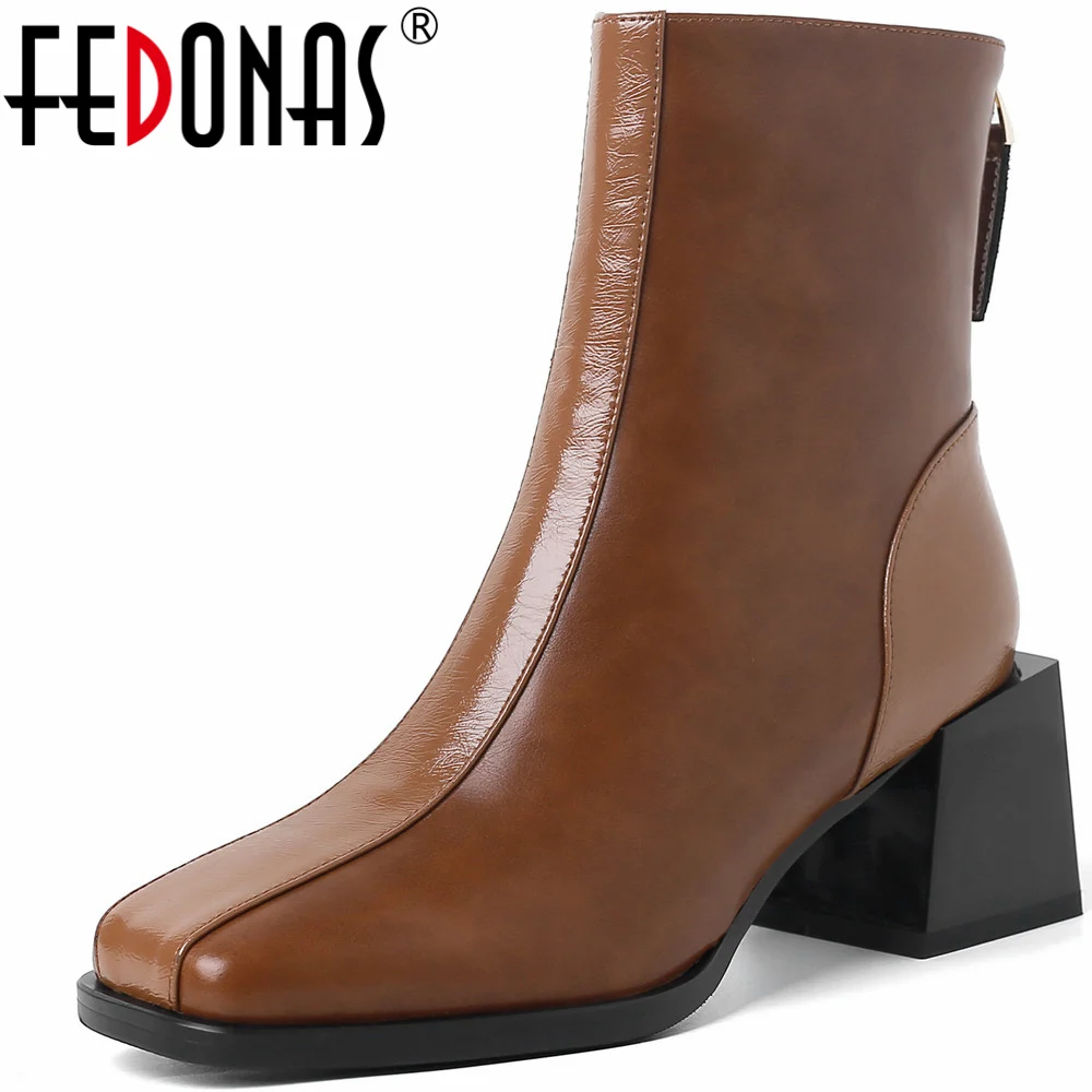 

FEDONAS Square Heeled Women Ankle Boots Genuine Leather Back Zipper Shoes Woman Classic Office Working Short Boots Autumn Winter