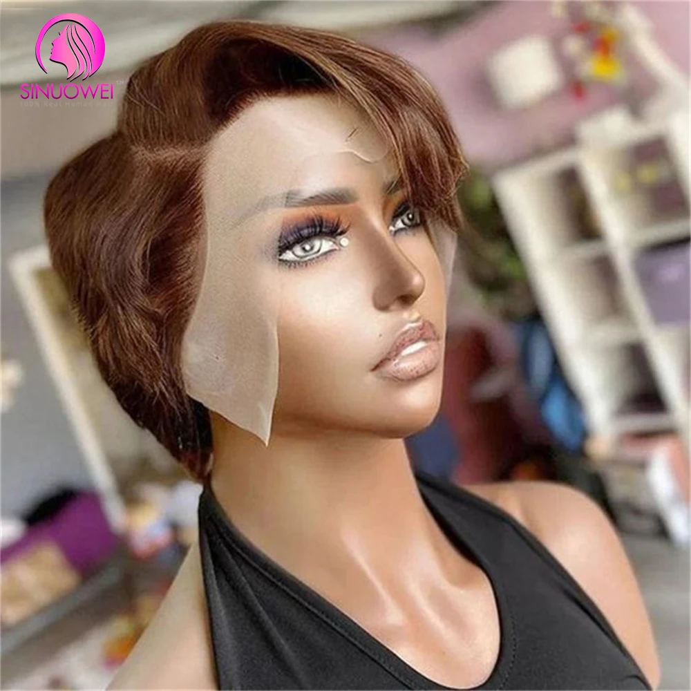 

Brown Straight Pixie Cut Wig 13x4 Transparent Lace Frontal Human Hair Wigs Short Bob Wig Brazilian Side Part Wigs For Women