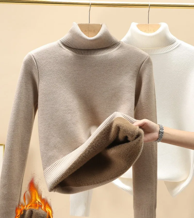 

New Turtleneck Winter Sweater Women Elegant Thicken Velvet Lined Warm Sueter Knitted Pullover Slim Tops Jersey Knitwear Jumper