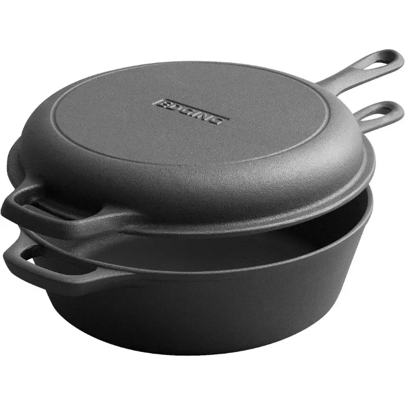 Cast Iron Dutch Oven Pot with Skillet Lid Cooking Pan Cast Iron Skillet Cookware Pan Set with Dual Handles Indoor Outdoor cast iron dutch oven