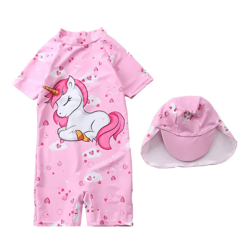 여아용 원피스 수영복, 2-8 세 만화 유니콘 수영복, 모자 포함, 목욕 세트, 아기 긴 소매 수영 세트, 2 개 