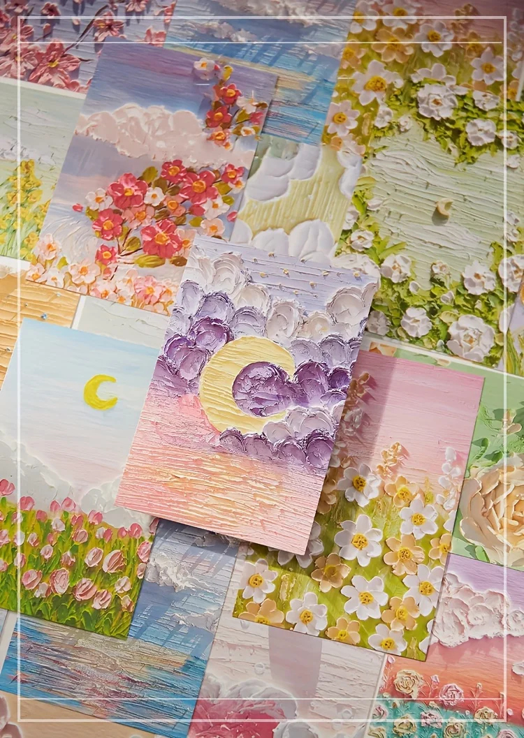 Neue 30-Ölgemälde-Postkarten, Kunst-Grußkarten, geschichtete Kunst-Grußkarten, Flower and Grass Mountain Butterfly Moon – Detail 11