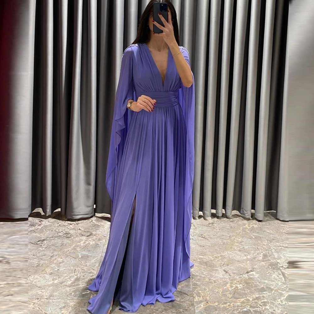 

Qcenkern Deep V-Neck Slit Evening Formal Cape Sleeves Chiffon Saudi Arabia Long Party Dresses Gowns Women Robes de Soirée 2023