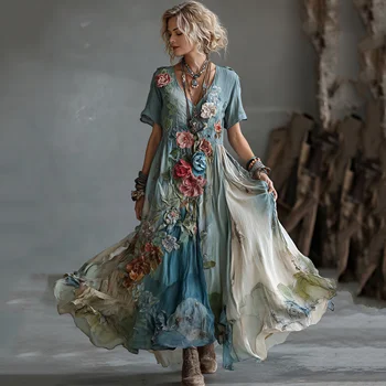 Women Boho Maxi Dress Vintage Ethnic Floral Print Patchwork Sexy Deep V Neck Short Sleeve A-Line Long Summer Dresses 1