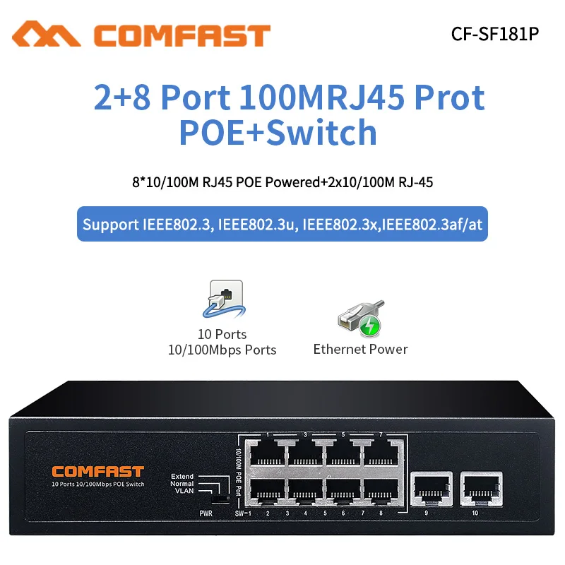 Switch Poe A 8 + 2 Porte 10/100Mbps Switch Ethernet Veloce Telecamere Ip Di Rete Adattatore Poe Alimentato Per Router Di Punti Di Accesso Ip Cam Per I