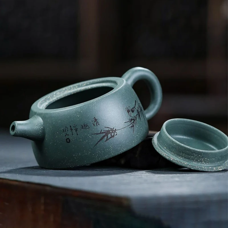 Yixing Purple Sand Mine Green Mud Bird Language Flat Well Fence Xishi Tea Pot Beauty Kettle Customized Zisha Tea Set Authentic 4