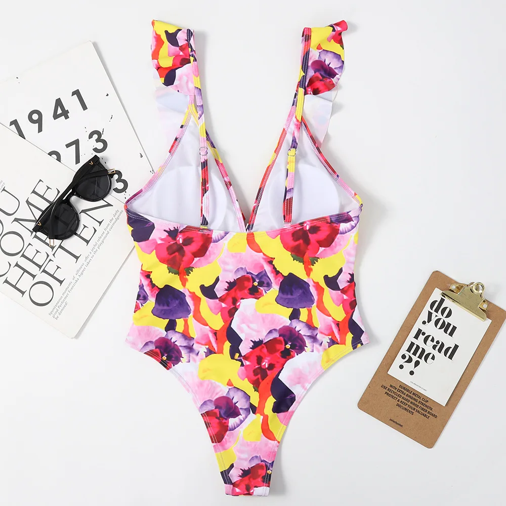 Sexy One Piece Swimsuit Push Up Swimwear Women Ruffle Monokini Adjustable Shoulder Swimsuit Bodysuit Bathing Suit Swim Wear