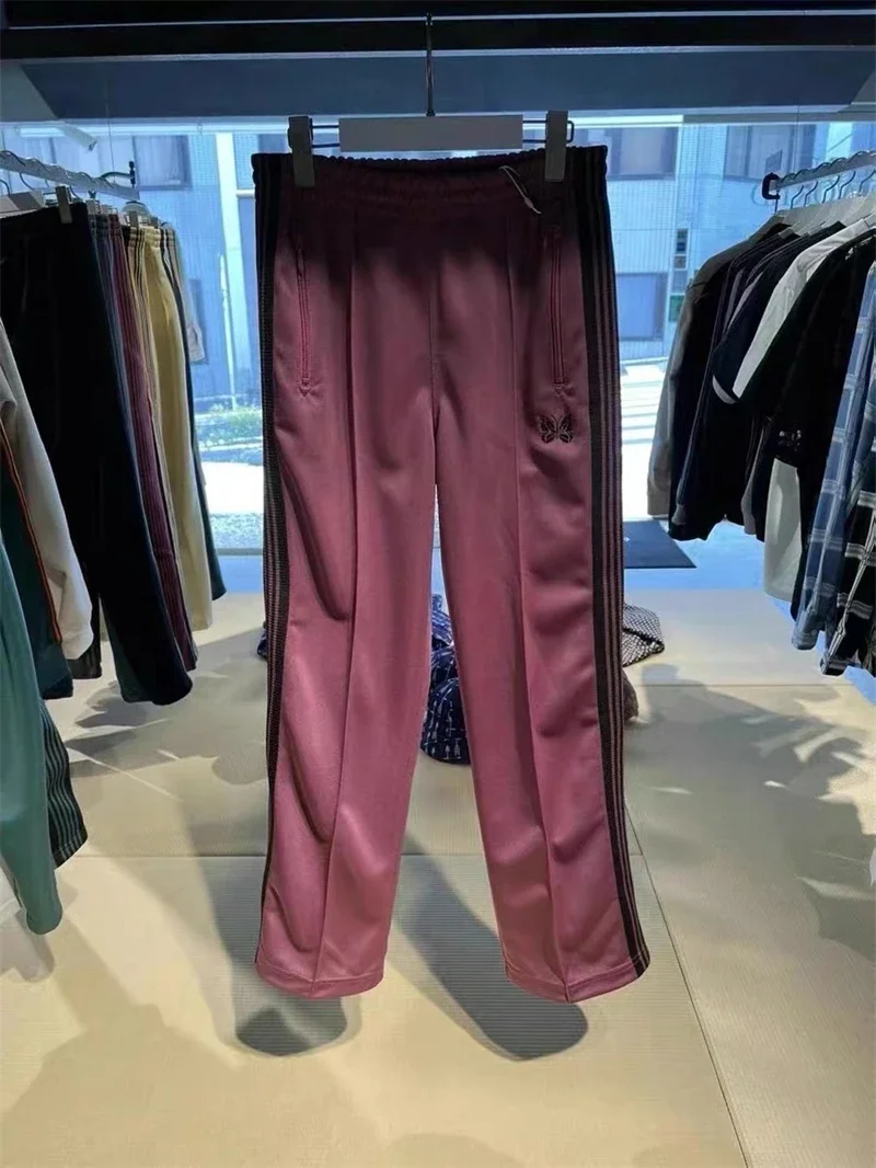 

23SS New Style Pink Stripe Needles Sweatpants High Quality Embroidered Butterfly AWGE Drawstring Track Pants