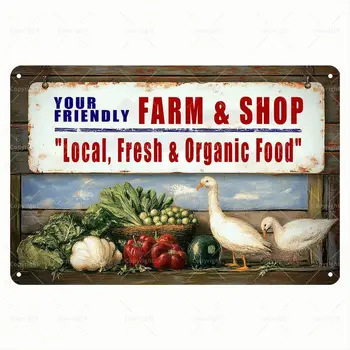 1x,Vintage Tin Sign - Your Friendly Farm & Shop Local & Organic Food Rustic Farm Scene Retro Metal Sign - Decorative Tin-aluminu
