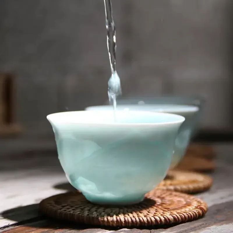 New China Kungfu Teacups Shadow Green/Azure Plum Orchid Bamboo Chrysanthemum Fish Ceramic Longquan Celadon Pu\'er Master Tea Cup