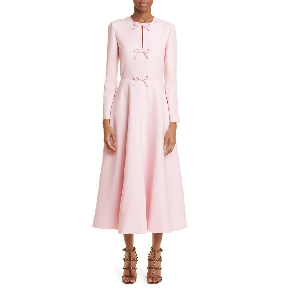 Evening dresses Pale Pink Party Dresses for Women Long Sleeves Bows Midi Party Gowns O Neck A Line Tea Length Elegant Dinner Dress Short