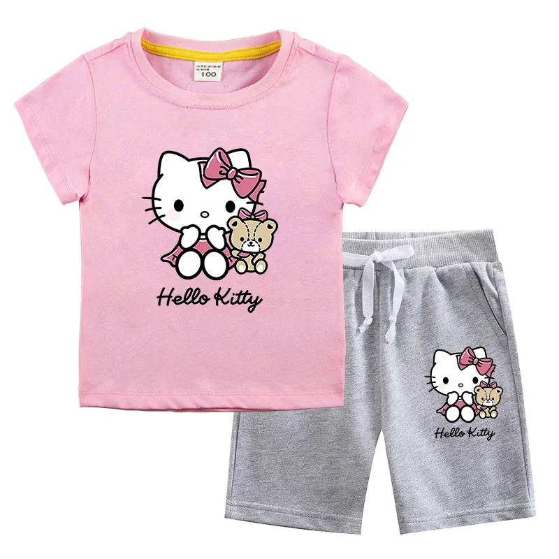 thumbnail image 1 of Hello Kitty nueva ropa para niños, Tops de algodón para niñas, pantalones cortos, traje de dos piezas, pantalones casuales de cinco puntos para niños + conjunto de Camiseta de cuello redondo, 1 of 5