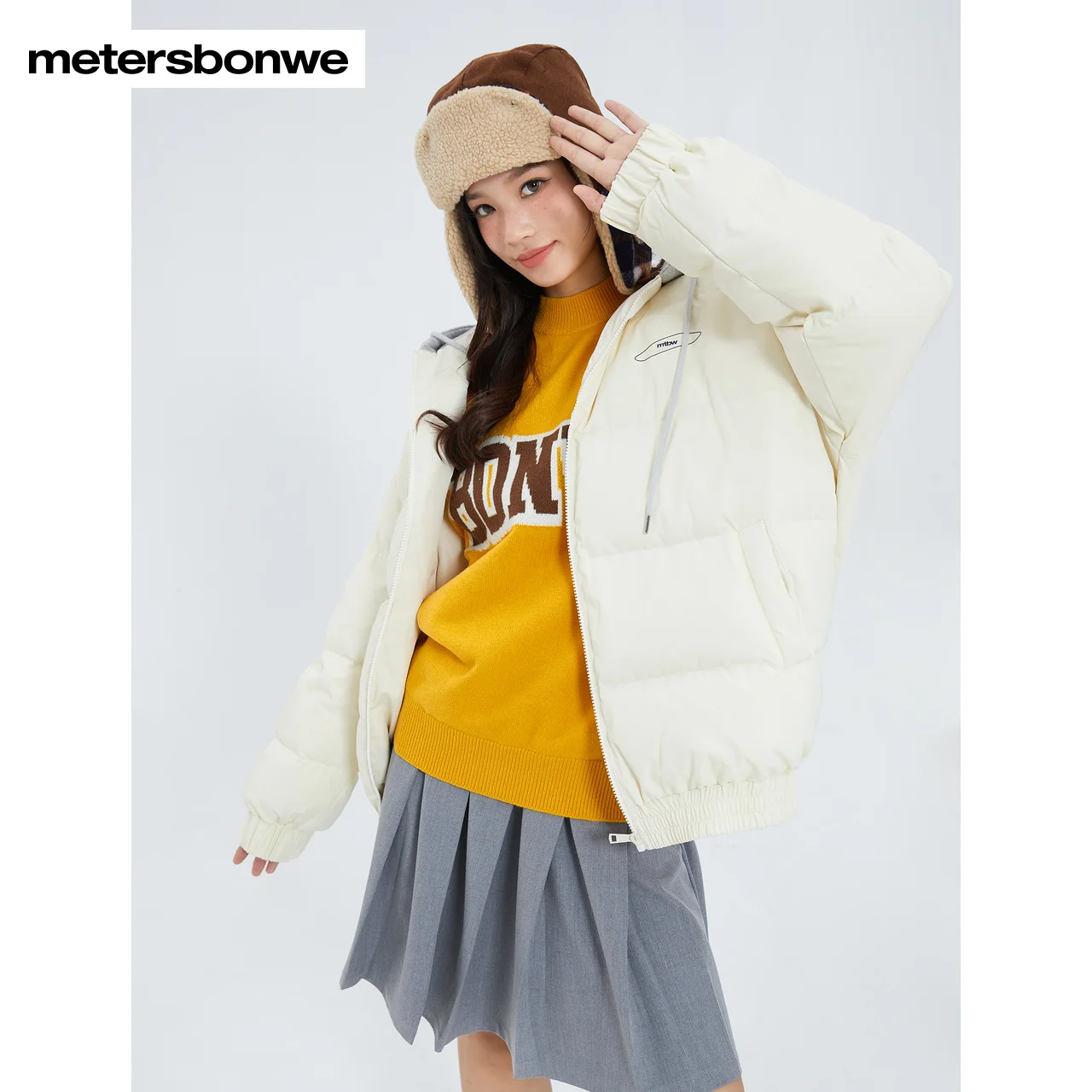 Metersbonwe Women's 22New Winter Women's Knit Hooded Down Coat 80%Duck Down Loose Short Thick Warm Wear Hot Sale Down Jackets