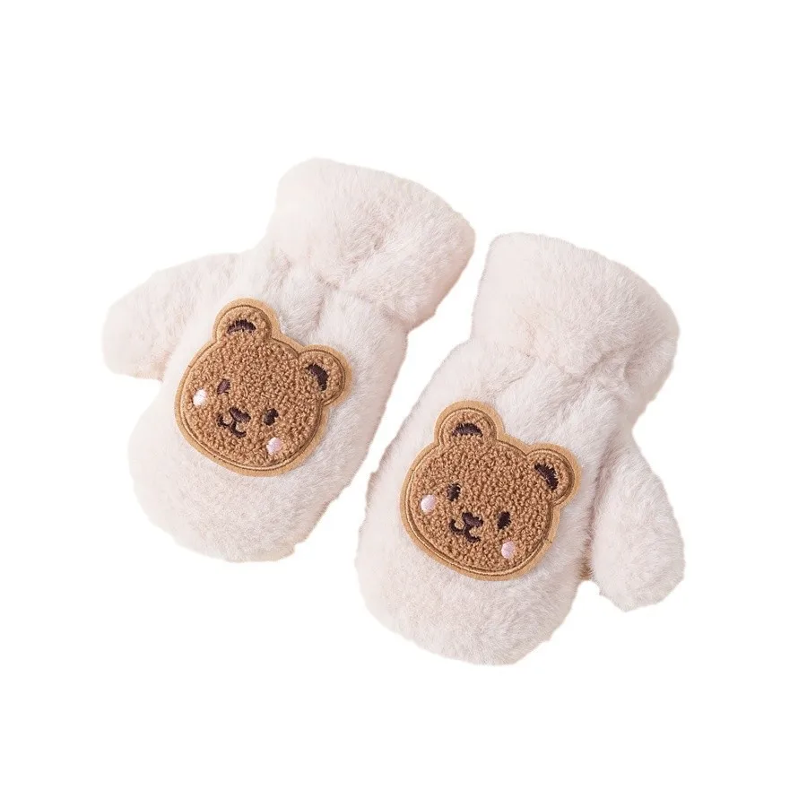 Winter Kids Plush Gloves with Hanging Neck Rope Cute Bear Mittens Soft Faux Fur Fingerless Glove 2-5Year Children Hand Warmer