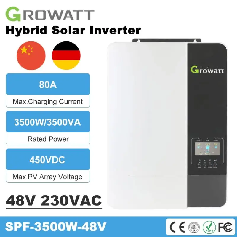

Growatt 3500W 48VDC 230VAC 50/60Hz 80A Pure Sine Wave Solar Inverter Can Work Without Battery