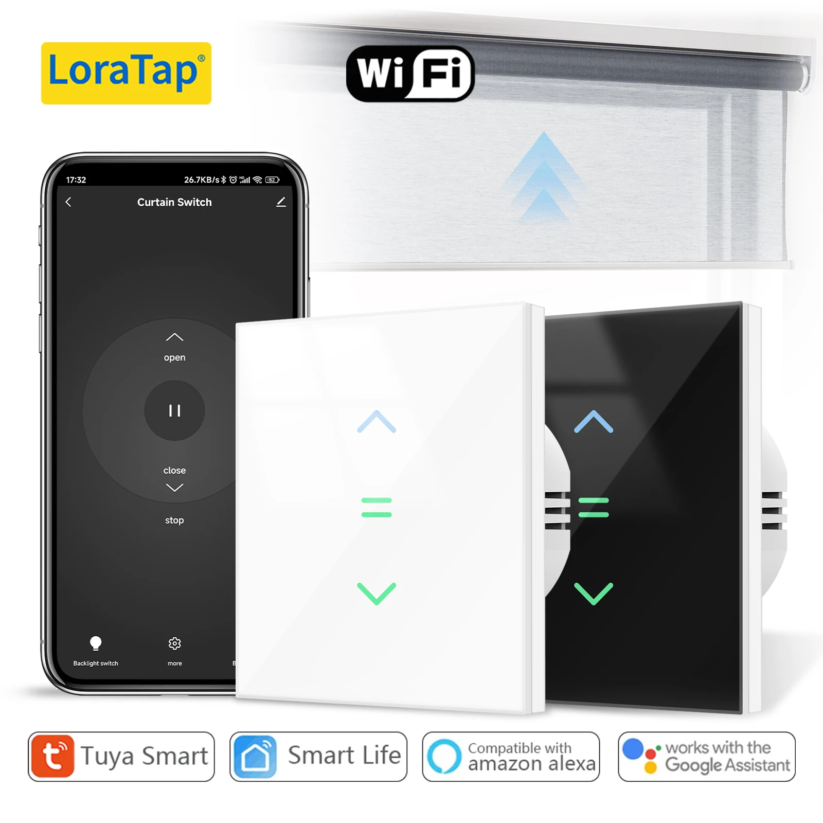 LoraTap WiFi Curtains Blinds Roller Shutter Switch Backlight Tuya Smart Life App Remote Control Google Home Alexa Voice