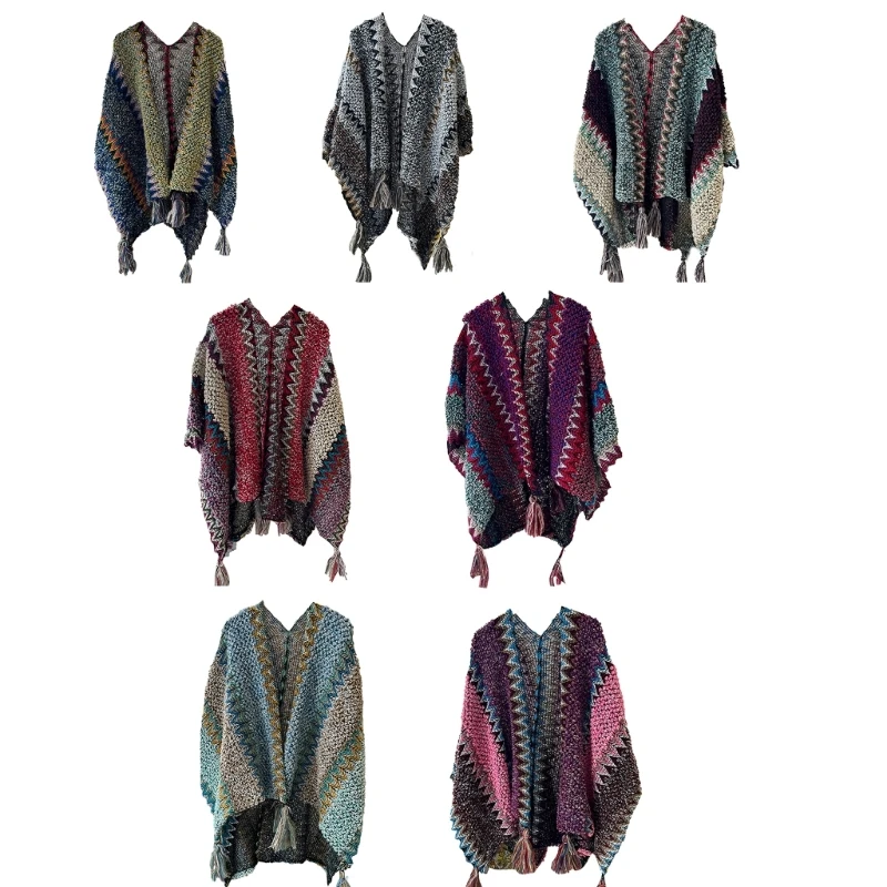 

New Autumn Winter Fringed Shawl Cloak Sweater Womens Knitted Tassels Cardigan Poncho