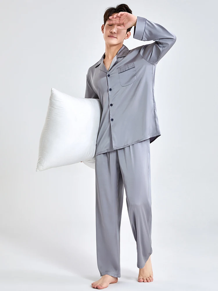 Silk Satin Pajamas Men Sleepwear Bedroom Home Clothes Man Long Button-Down Pyjamas Suit Ice-silk Pijama Loungewear