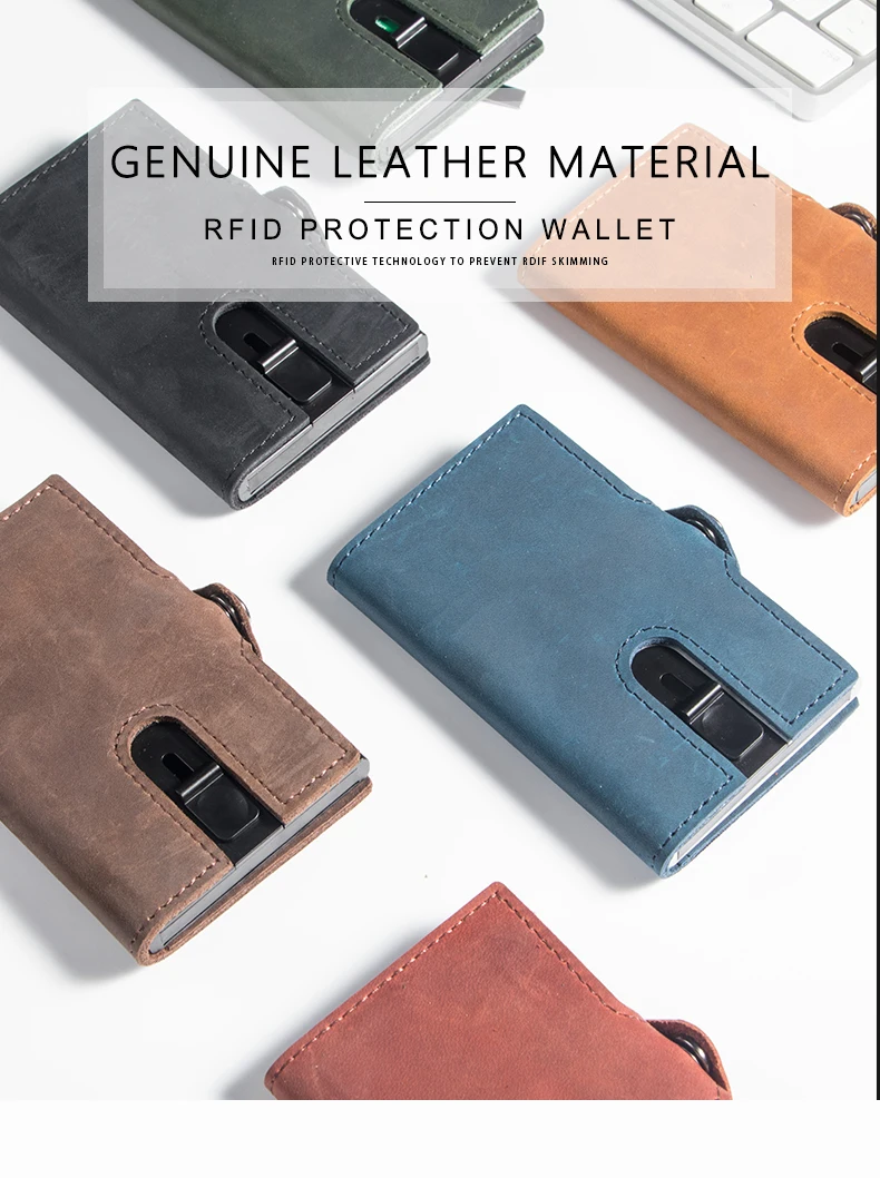 Male Woman Classic Leather Wallet RFID Anti-theft Purse Aluminum Box Card Holder Bag With Money Clip Coin Pocket