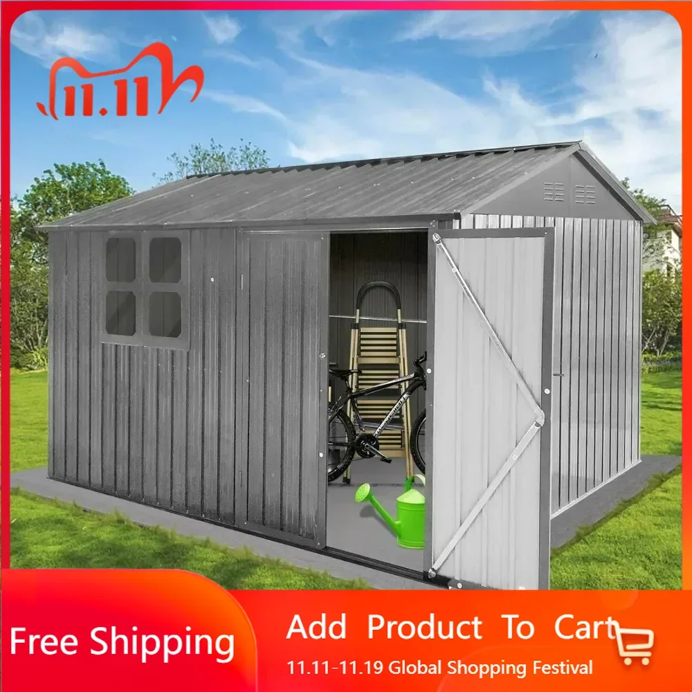 10 X 8FT Outdoor Storage Shed with Window, Hinged Lockable Door, Padlock & Punched Vents, Metal Shed Storage House