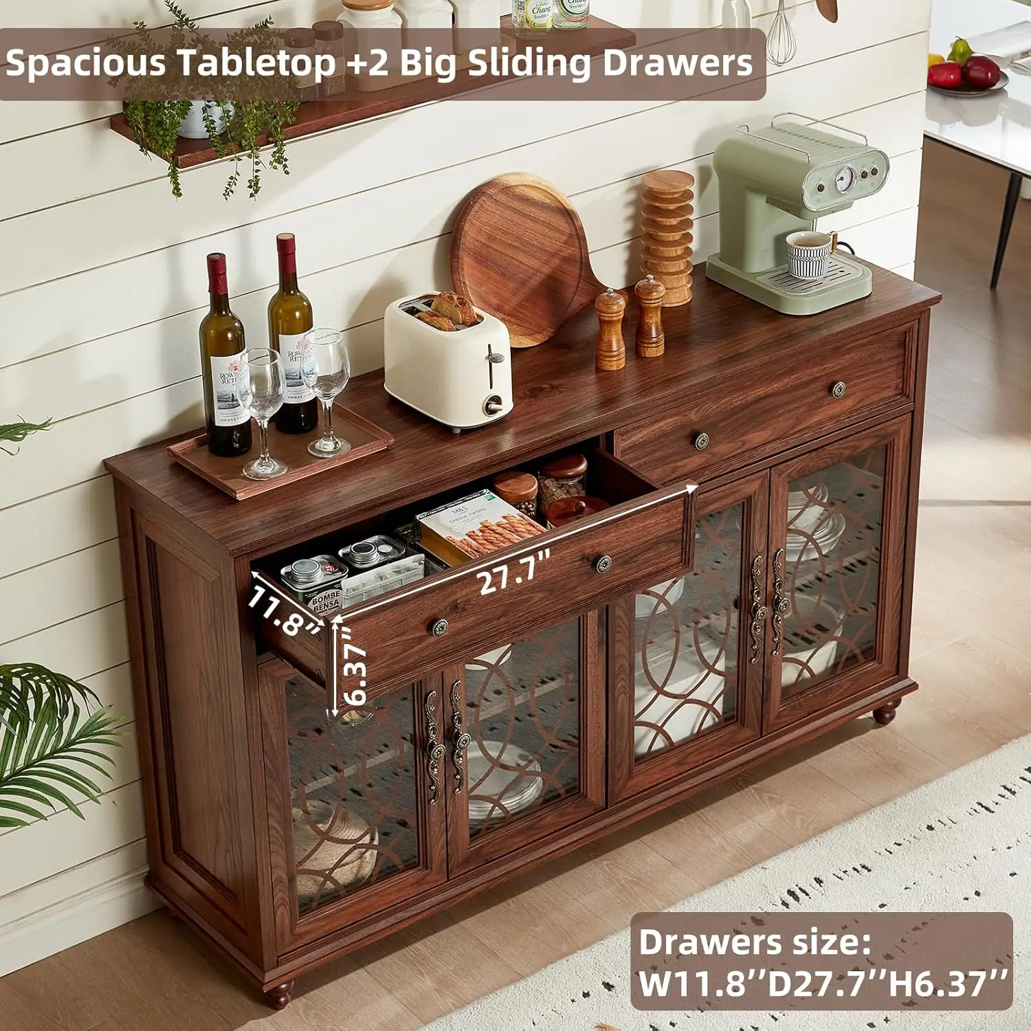 Farmhouse Sideboard Buffet Cabinet with Storage,59" Large Credenza with 4 Glass Doors & 2 Drawers,Adjustable Shelves Console Tab