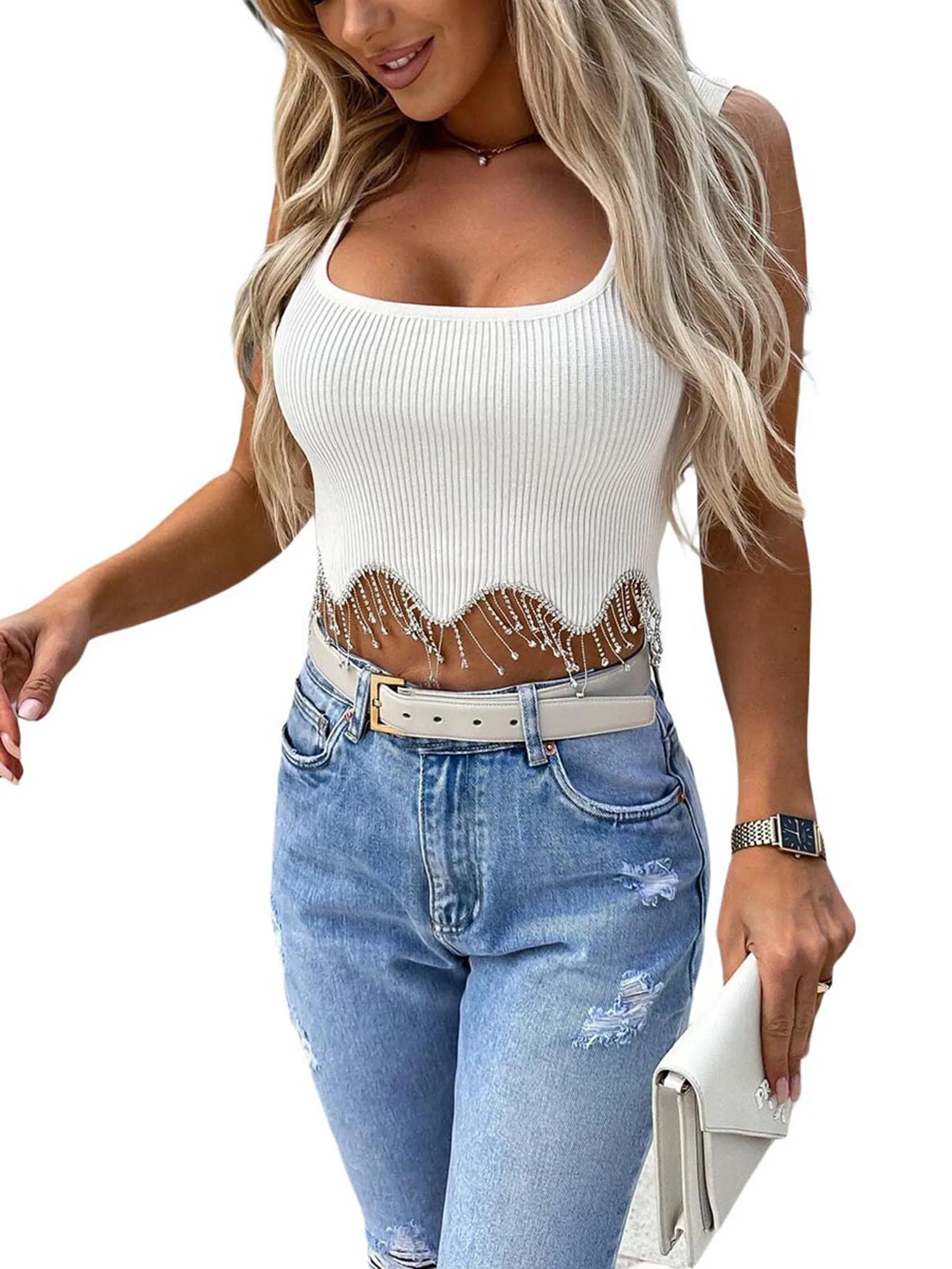 Elegant Tassel Embellished Square Neck Sleeveless Camisole Top with Rhinestones for Women s Summer Party Club Streetwear