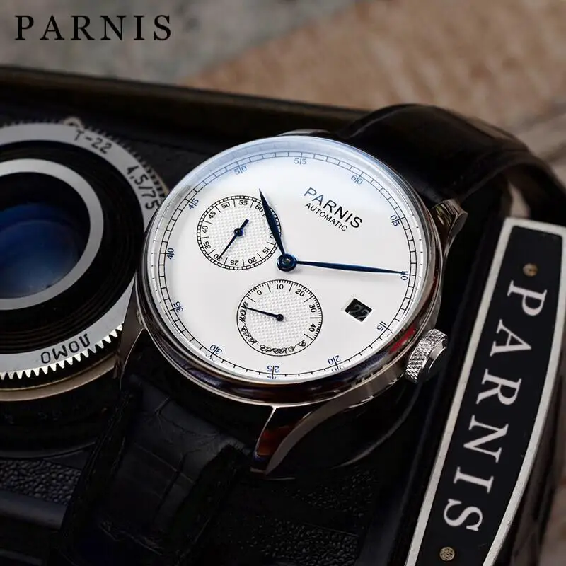 

Fashion Parnis 43mm White Dial Automatic Man Watch Power Reserve Mechanical Calendar Leather Strap Wristwatches For Men relogios