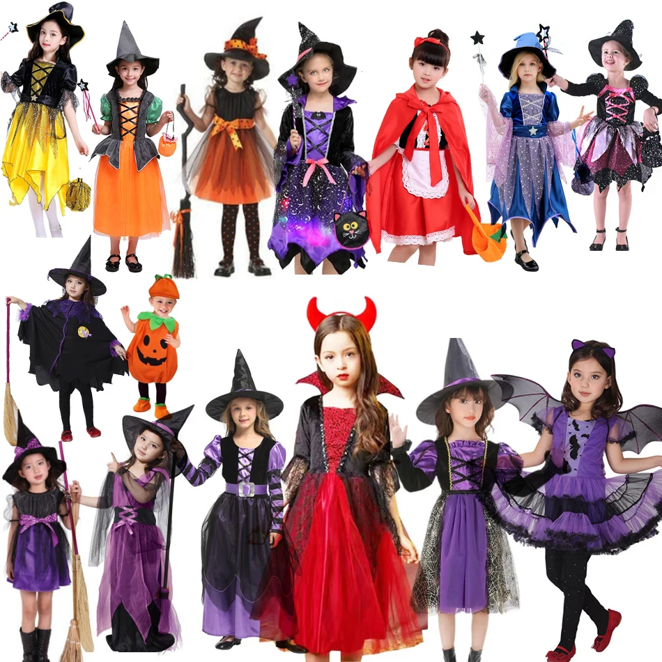 Kids Halloween Apparel Horror Dress Witch Costume with Hat Wand
