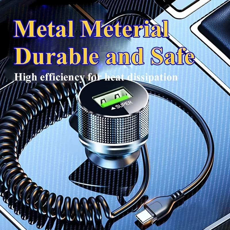 Metal USB C Car Charger with Spring Cable Super Fast Charging Adapter 12V for iPhone 15 14 13 Samsung OPPO VIVO Huawei Oneplus car phone charger phone charger adapter car charger phone charger