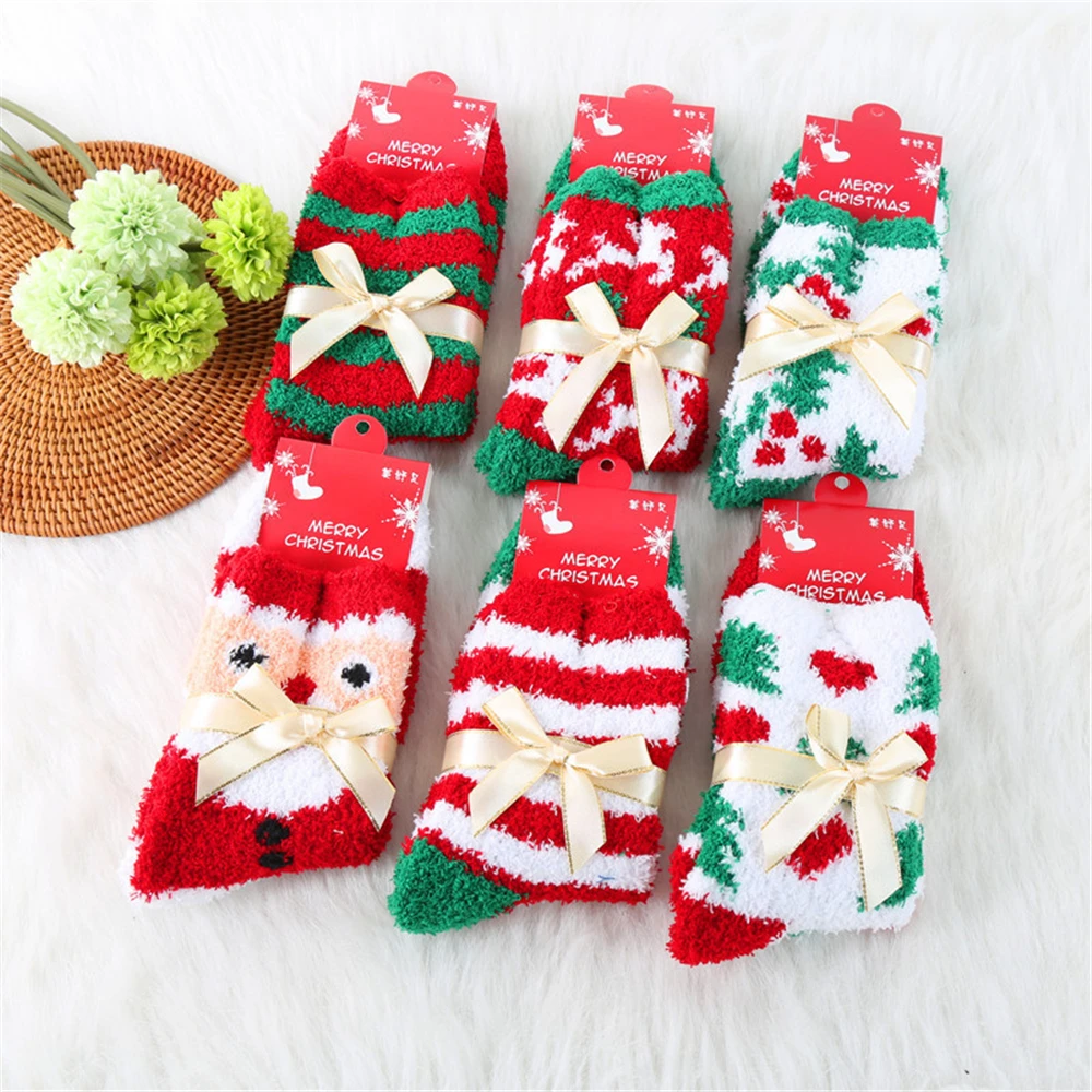 Christmas Socks Thickening Women's Socks Winter Warm Cartoon Coral Velvet Gift New Year Christmas Stockings 1 Pair christmas stockings