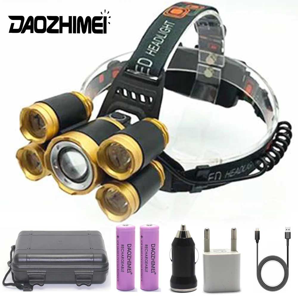 

Super bright T6+4*Q5 Camping Torch Flash Light focusing Head headlight 4 modes Powerful LED Headlight USB Rechargeable Head Lamp