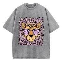Vintage Womens Acid Wash T-Shirts Leopard Cartoons Printing Tees Crewneck Cotton Oversize Short Sleeve Fashion Female Clothes - Image 2